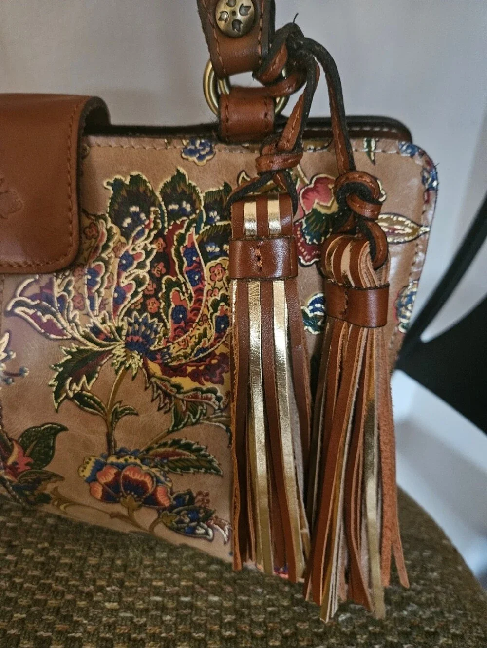Floral Embossed Tan Leather Tote Bag